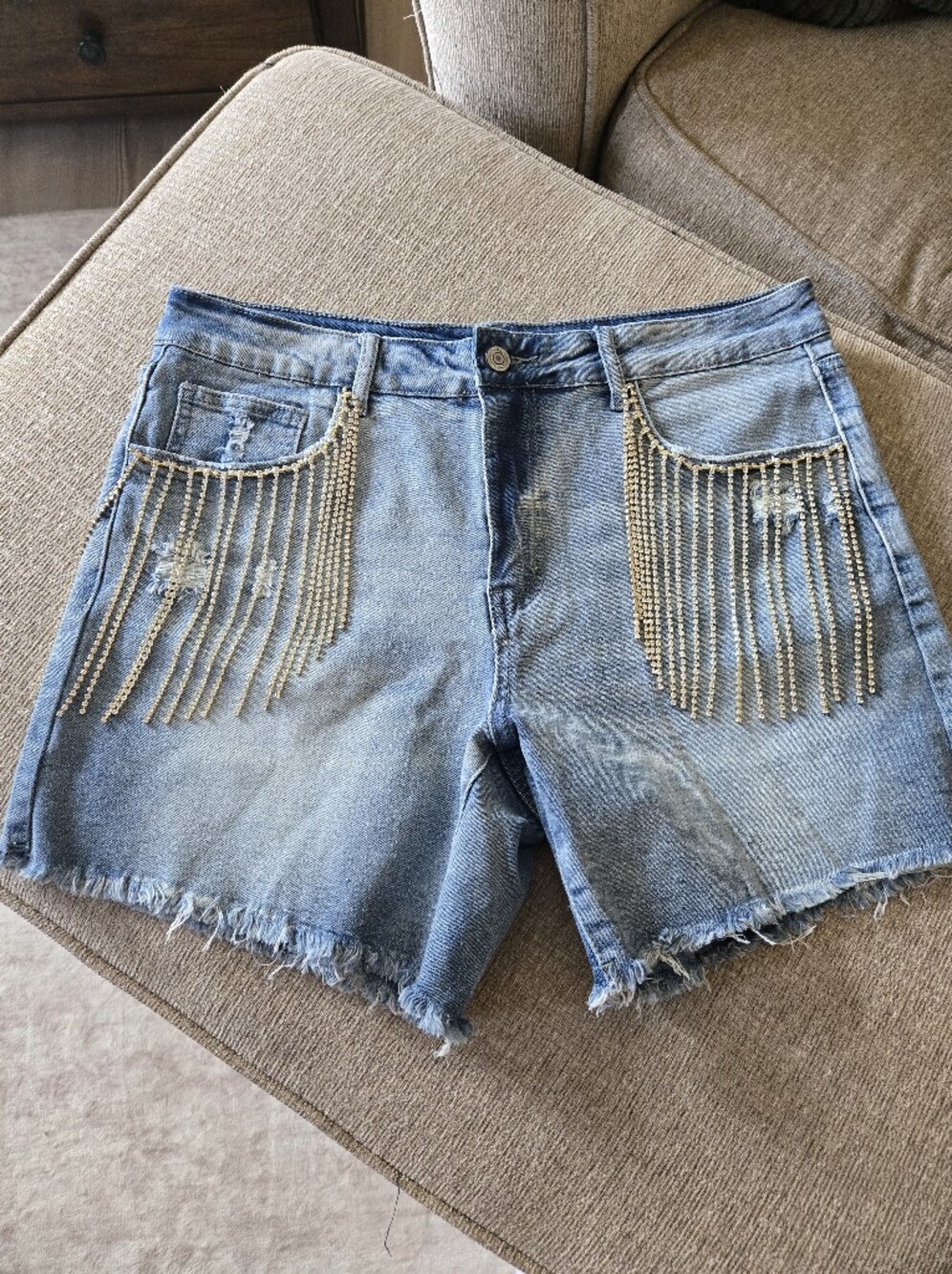 Rhinestone Fringe Light Blue Denim Jean Shorts